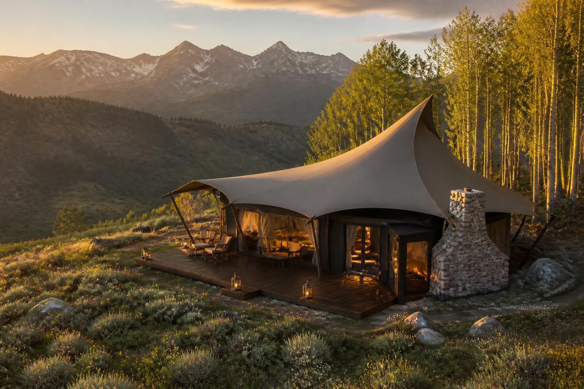 A single Impi Canvas suite raised at the edge of an alpine meadow, sweeping tensile roof catching the first gold of morning above the Wasatch Range.