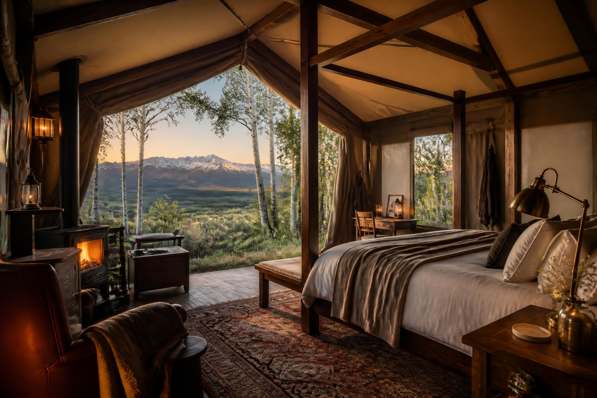 Timber trusses, wool and linen, a wood stove humming — canvas doors folded open to the range at daybreak.