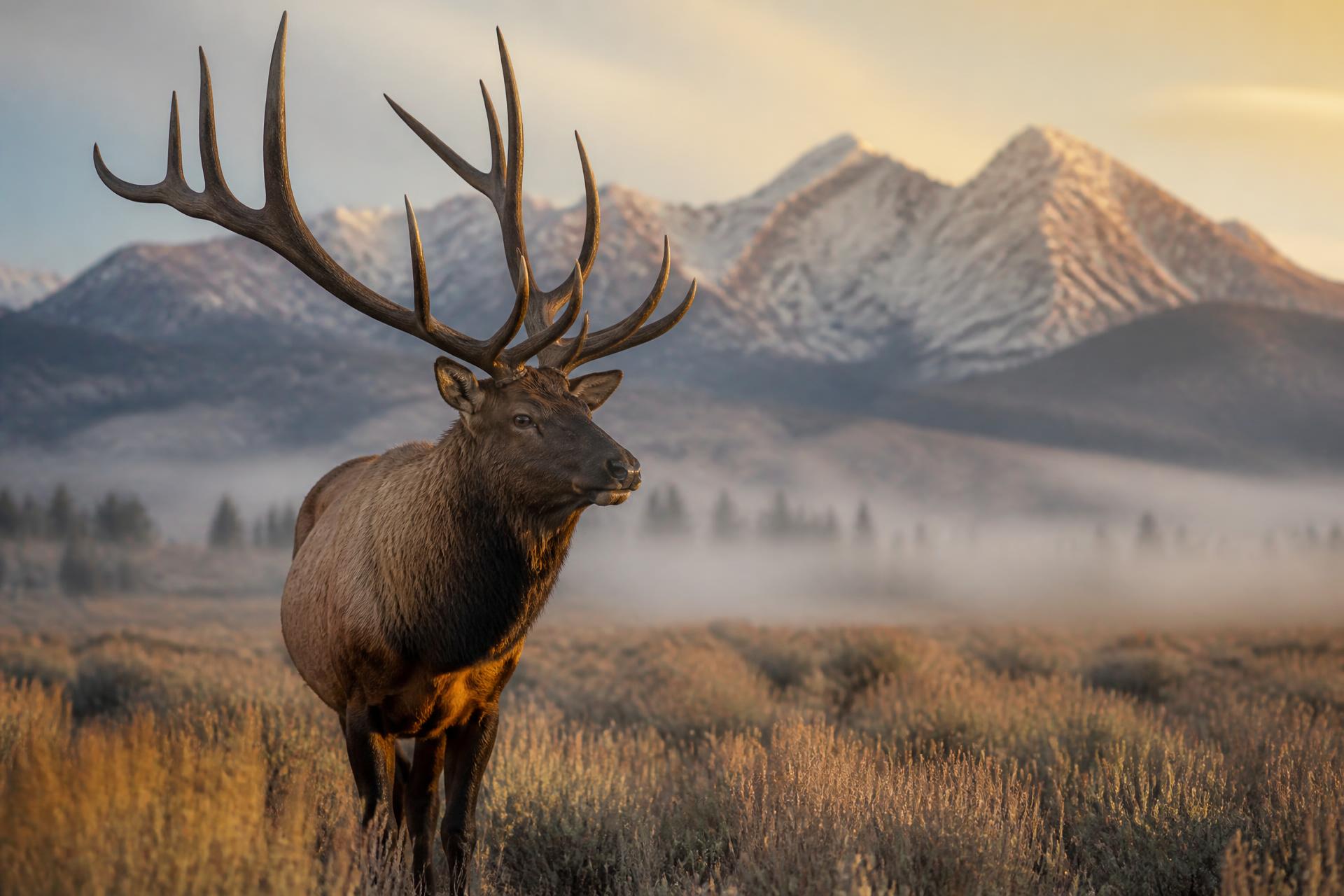 A bull elk moving through aspen at the edge of the estate