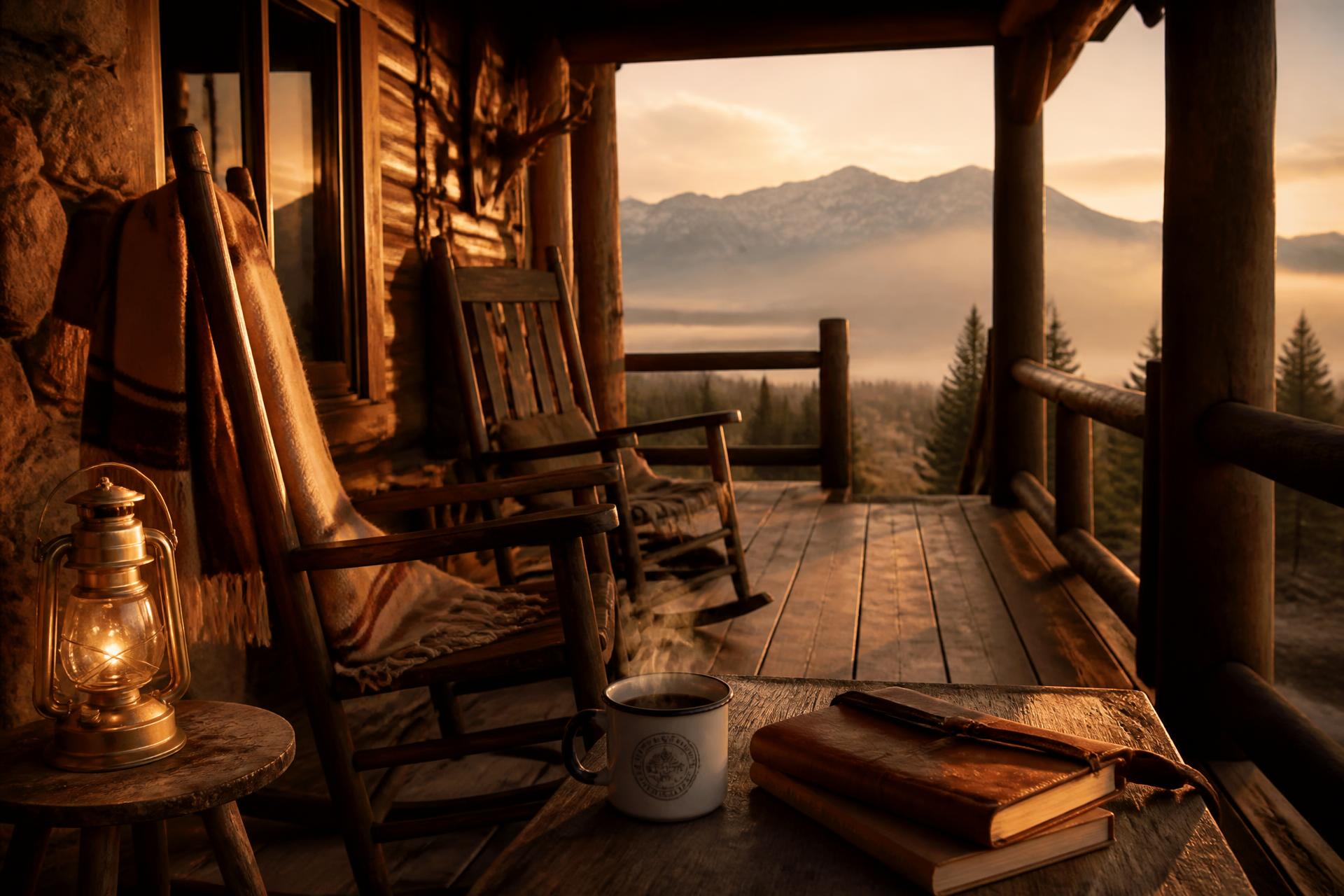 A quiet lodge porch at dawn, with rocking chairs, lantern light, and coffee overlooking the valley