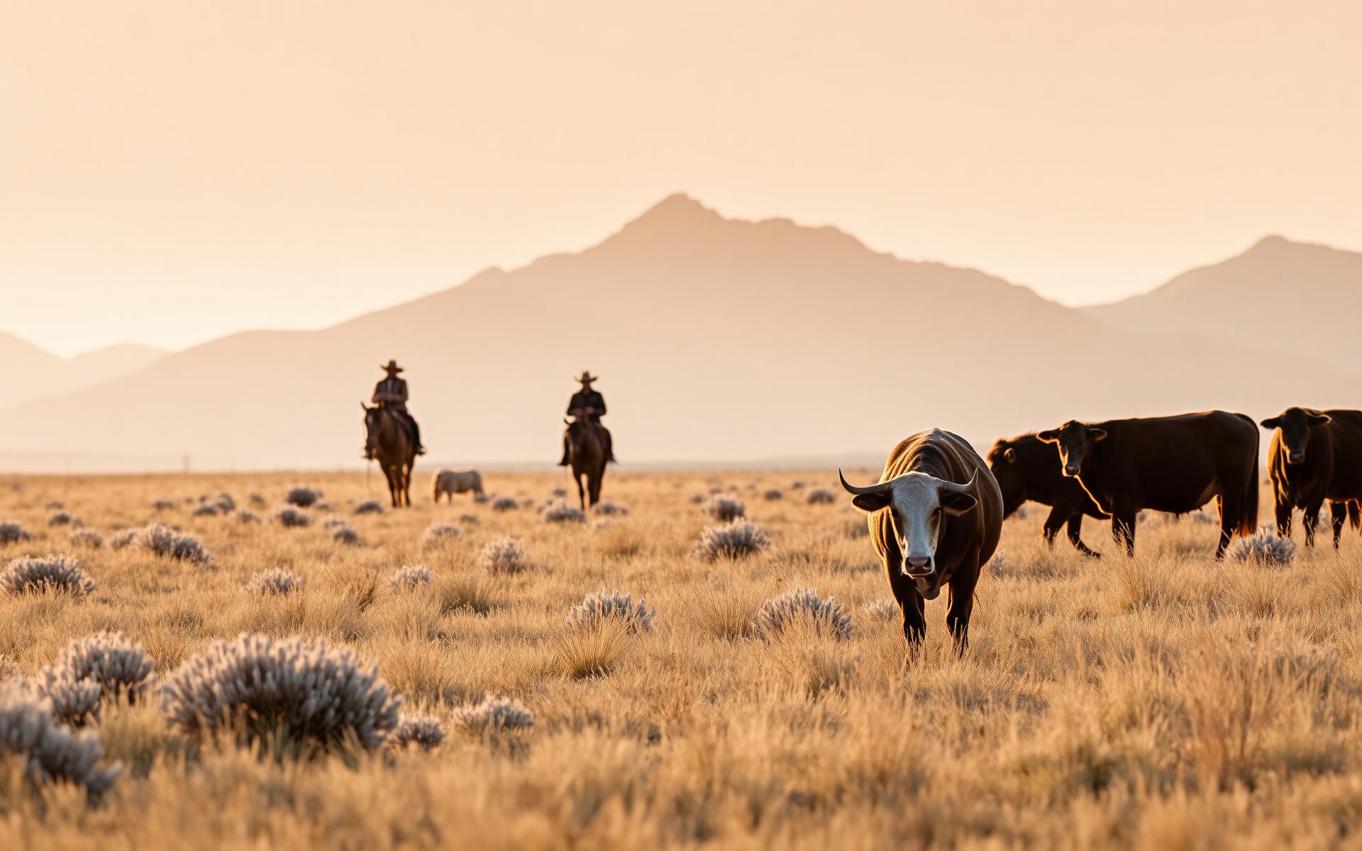 A mounted rancher moving Angus and Hereford cattle through sagebrush pasture at dawn