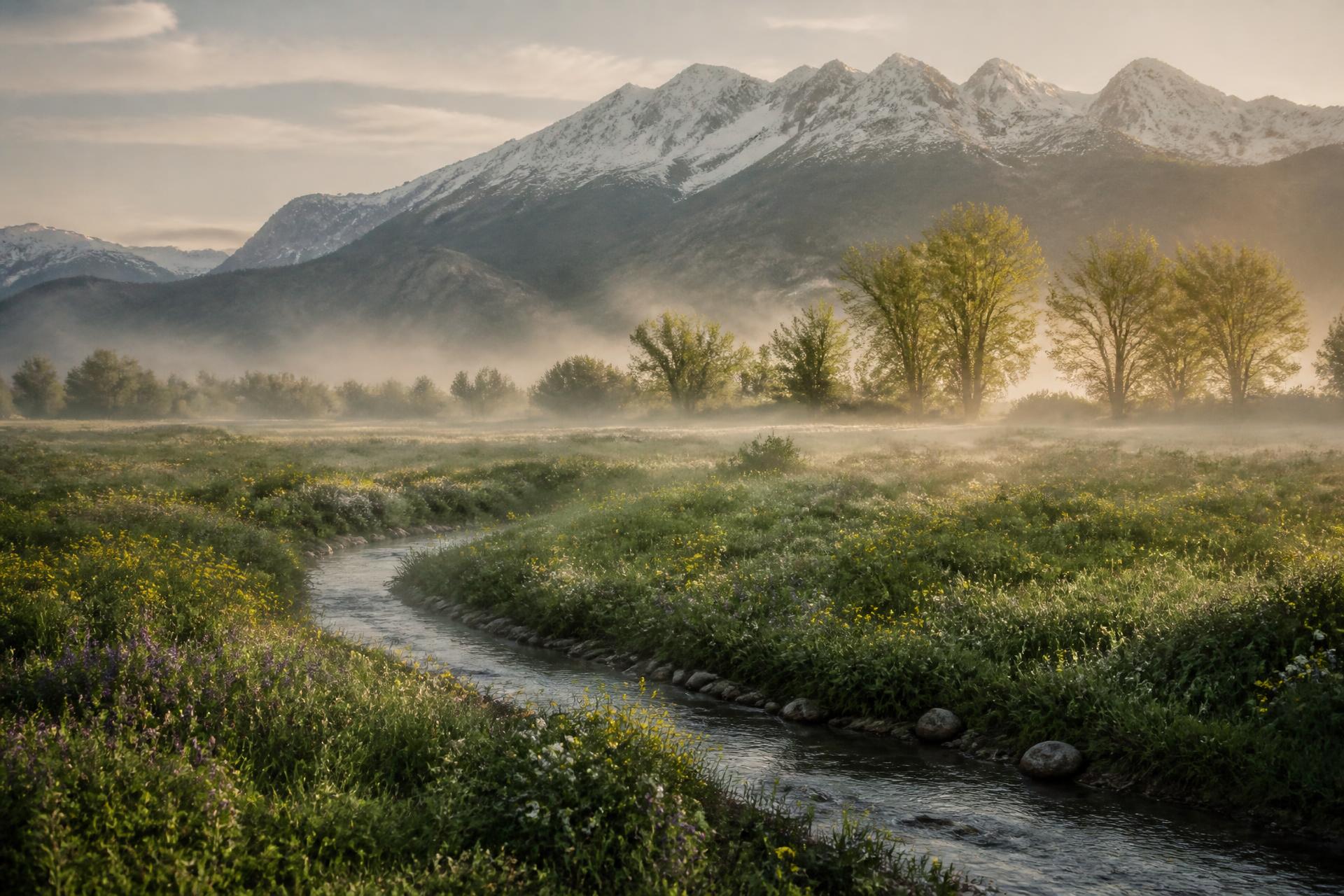 A wildflower meadow and snowmelt creek in the Utah Rockies in late spring