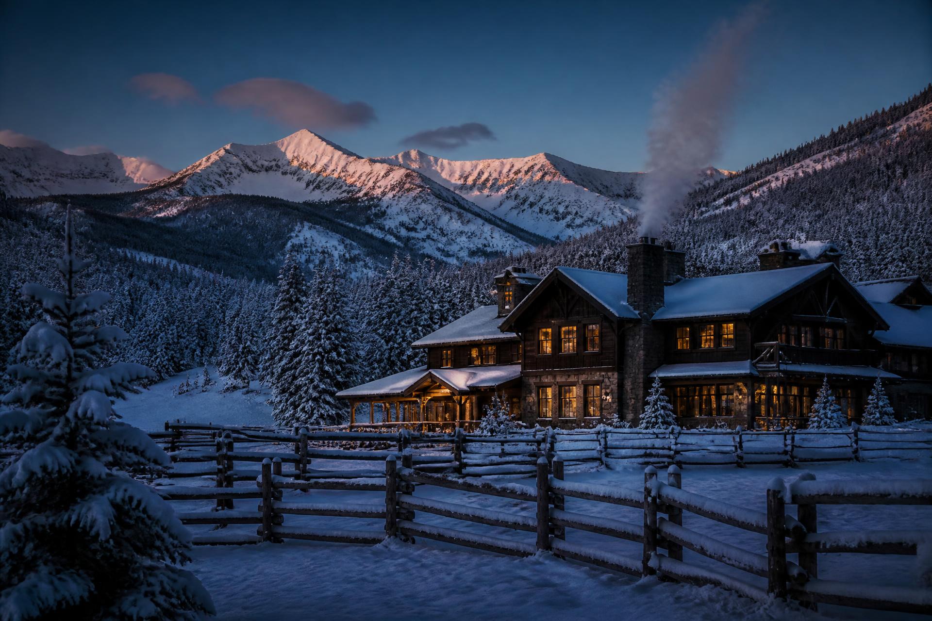 A snow-covered ranch valley at blue-hour dusk, lodge windows glowing amber
